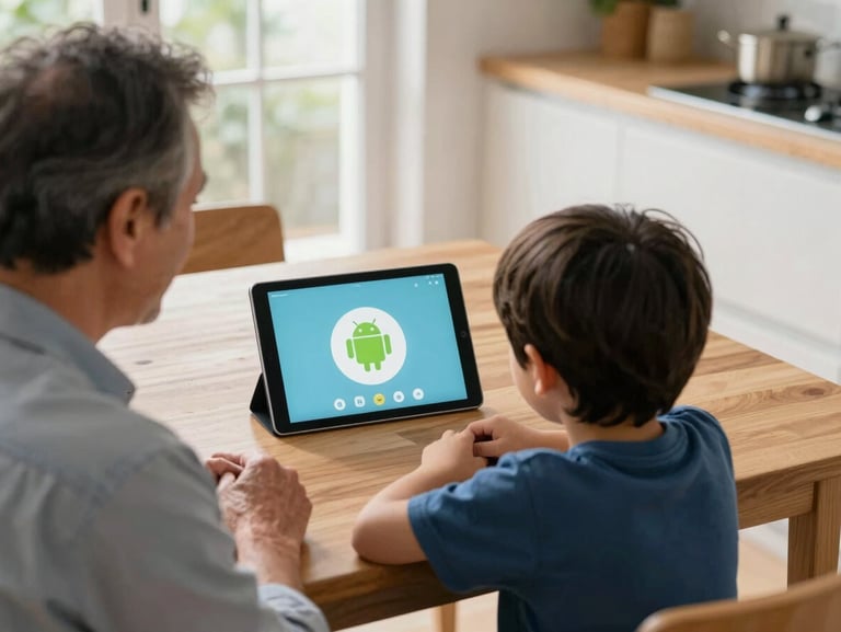 Over-the-shoulder shot of an older adult and a young child sitting at a wooden kitchen table, looking at a simplified Android launcher app on a tablet. Natural, soft daylight from a nearby window.