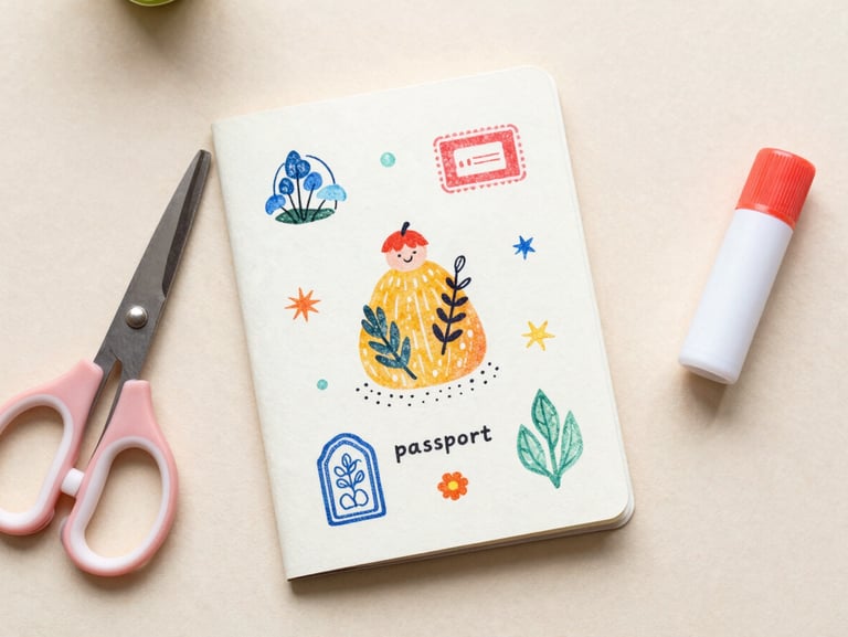 Overhead flat-lay of a hand-crafted paper passport with colorful stamps, sitting next to safety scissors and a glue stick on soft textured paper, warm diffused natural light.
