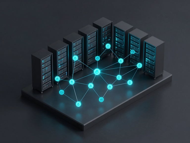 Sleek 3D render of a network dashboard with glowing cyan data nodes and server racks in a dark charcoal environment, isometric view, high-contrast studio lighting