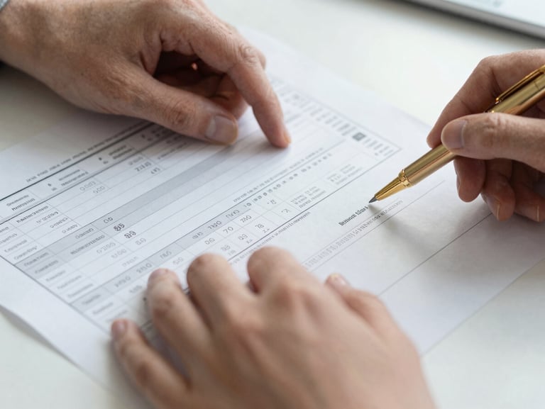 Close-up macro shot of hands reviewing structured financial balance sheets and tax documents on a clean desk, elegant gold pen, crisp cool daylight.