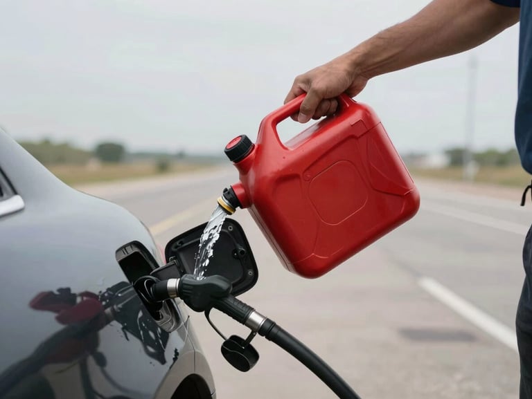 Wide shot of a red fuel can being tipped into a car's gas tank on an empty road, flat horizon behind, hard daylight, technician's arm visible from behind