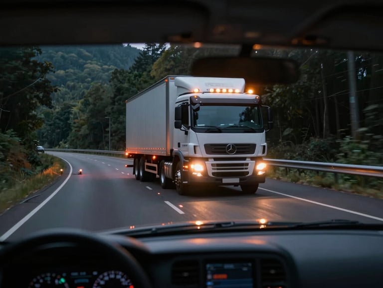 Dashboard POV looking out through a windshield at a Roos truck parked ahead on a dark road, hazard lights strobing, flares visible on the asphalt