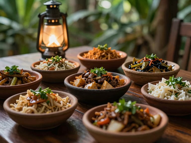 Close-up of fresh local Nicaraguan food served in handmade ceramic bowls on a dark wooden table, warm evening lantern light