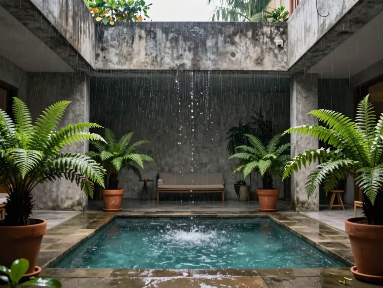 An open-air internal courtyard during a soft monsoon afternoon, rain falling into a central pool, raw concrete walls textured with water, lush green ferns in terracotta pots.