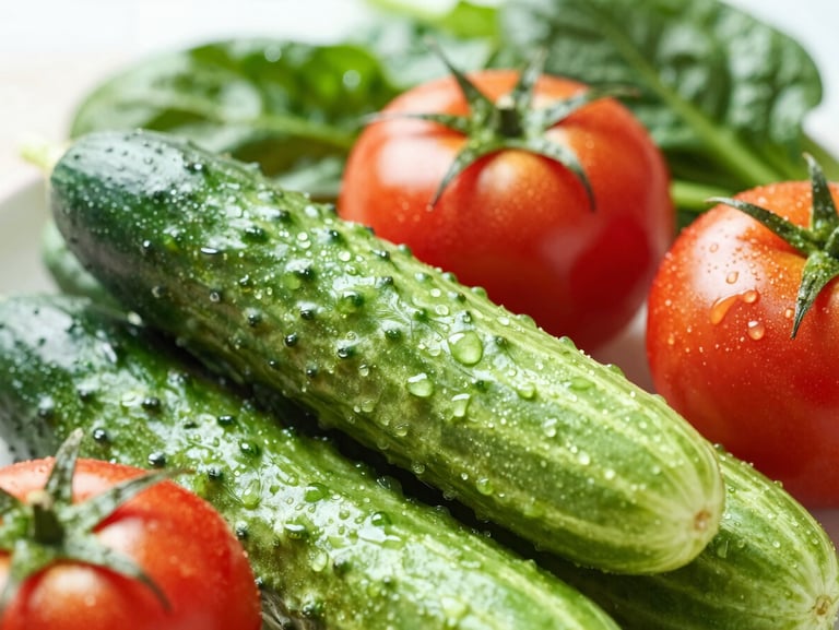 Close-up macro shot of crisp green cucumbers, firm red tomatoes, and leafy spinach, bright natural backlighting, shallow depth of field.