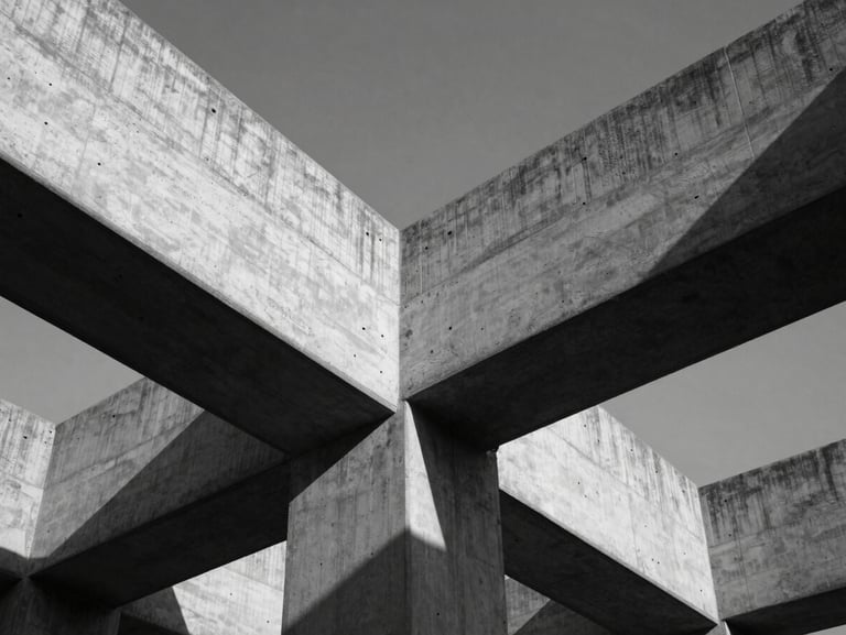 Stark black and white architectural photograph showing sharp angles and structural tension of modern concrete beams, high-contrast shadows
