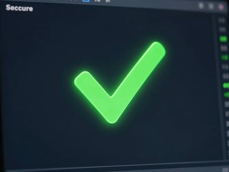 Close-up of a dark financial terminal screen showing secure transaction success, neon-green checkmark, crisp details