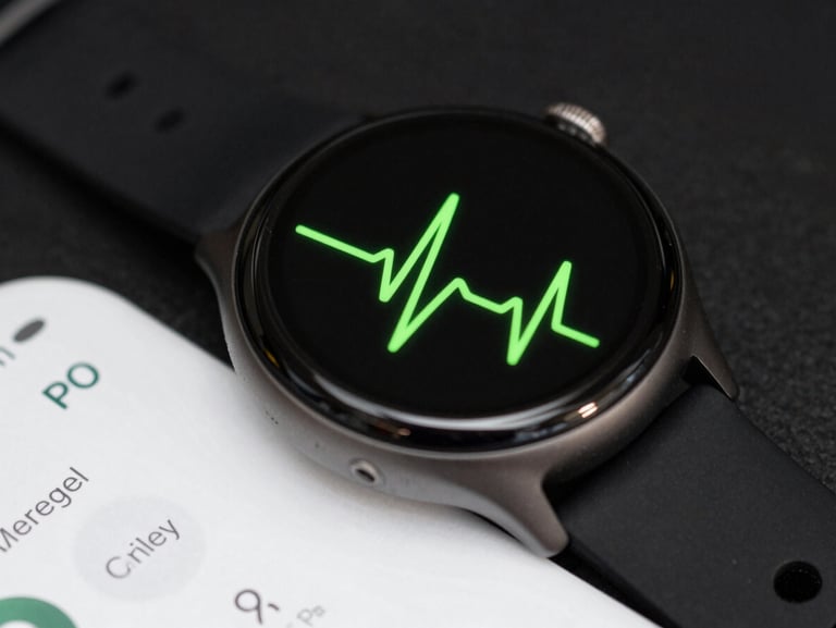 Macro of a medical tracker app UI on a smartwatch, glowing neon-green heart rate graph, dark background
