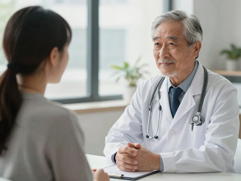 Respectful, professional clinical consultation between a compassionate senior doctor and a patient in a bright, natural-lit room