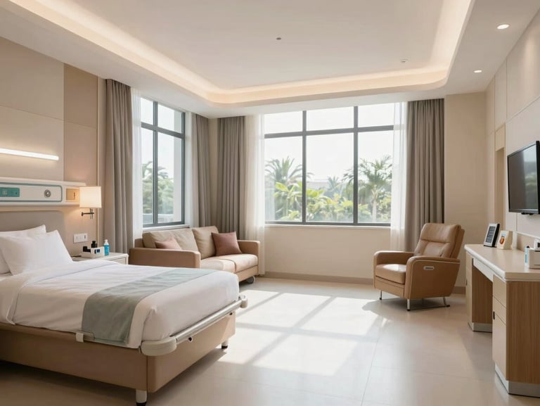 A spacious, clean, and modern private hospital suite in India with large windows, bright natural light, and comfortable recovery amenities.