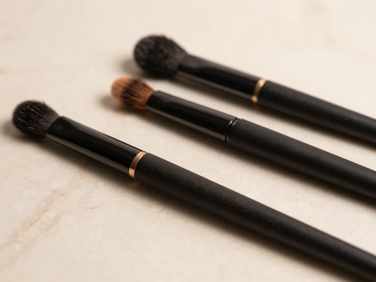 Close-up of premium beauty tools on cream marble, soft warm studio lighting, editorial luxury photography