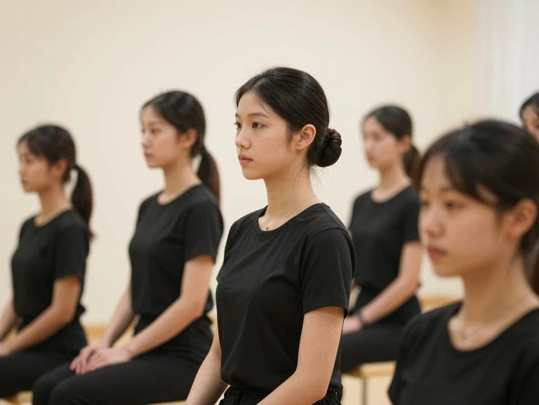 High-end training environment with focused students in chic black uniforms, soft warm studio lighting