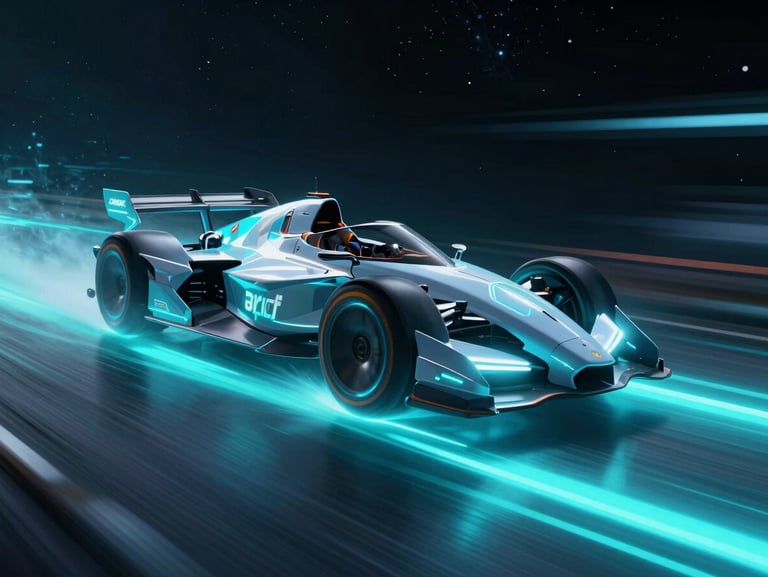 Aether Drift gameplay screenshot, neon-lit futuristic racing craft hovering over a glowing cyan track, high-speed motion blur, deep space background