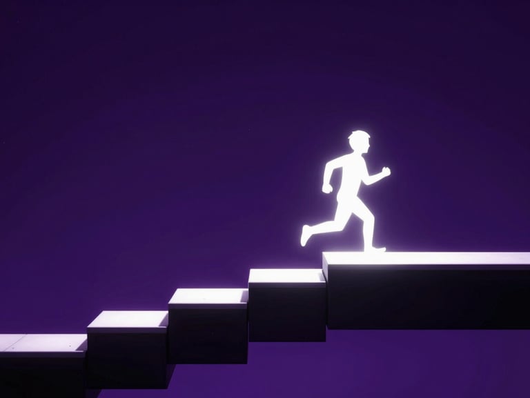 Moody, high-contrast platformer gameplay showing a glowing silhouette running along a shifting gravity vector, deep purple background
