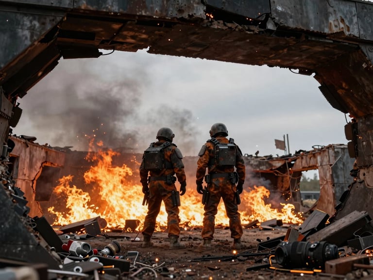 Low-angle shot of two armored Rust players standing over a destroyed base structure, fire burning in the background, scattered loot visible on scorched ground, hard tungsten explosion glow lighting the scene from below, deep shadow upper frame, no UI overlays