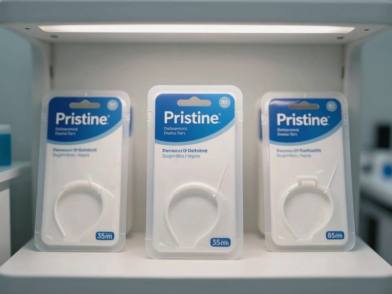 Pristine dental floss packaging arranged symmetrically on a sterile white display shelf, bright clinical lighting, soft clean shadows.