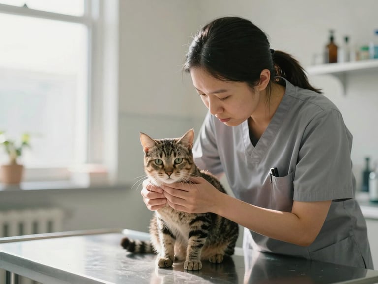 A warm, bright veterinary examination room with natural light, a veterinarian in a soft grey uniform gently examining a calm tabby cat.