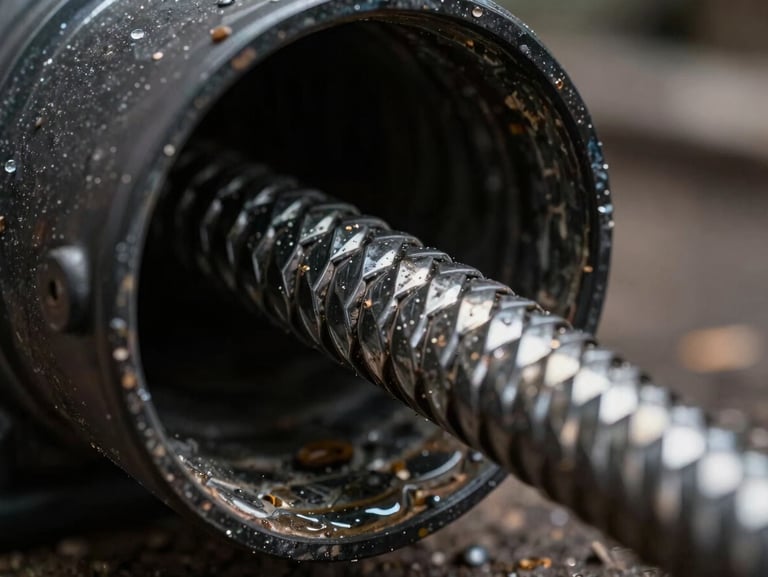 Tight macro shot of a steel drain snake entering a dark pipe, high-contrast work-light illumination, metallic textures.