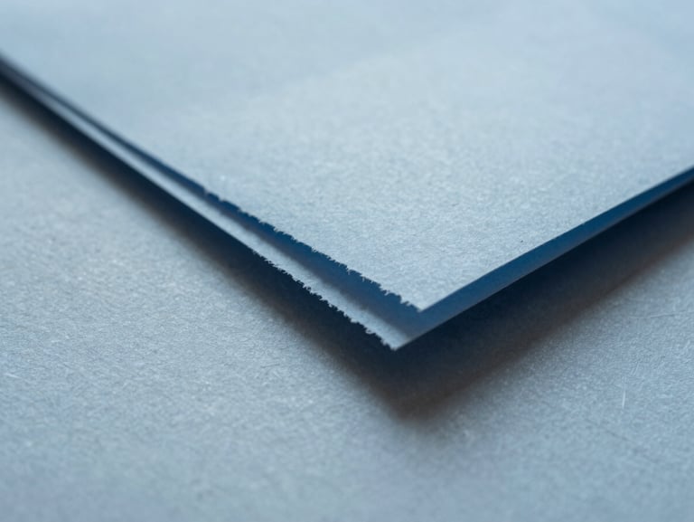 Macro close-up of textured handmade paper with deckled edges, soft shadows from overcast daylight, mist blue tint
