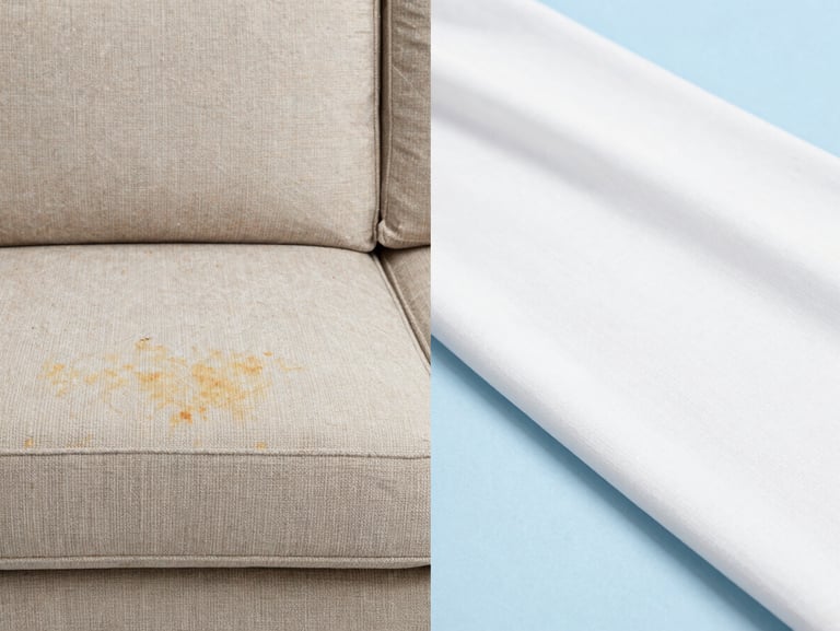 Side-by-side comparison split screen of a heavily stained beige fabric sofa on the left, and a completely clean sanitized bright fabric on the right, crisp daylight, macro detail