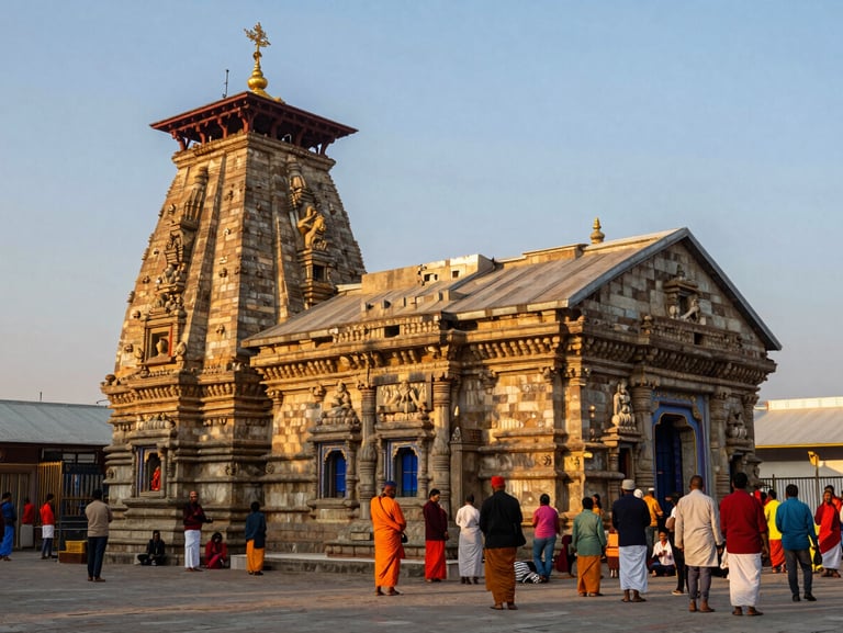 The ancient stone facade of Kedarnath temple illuminated by the warm golden light of early morning, devout pilgrims gathering peacefully in the courtyard.