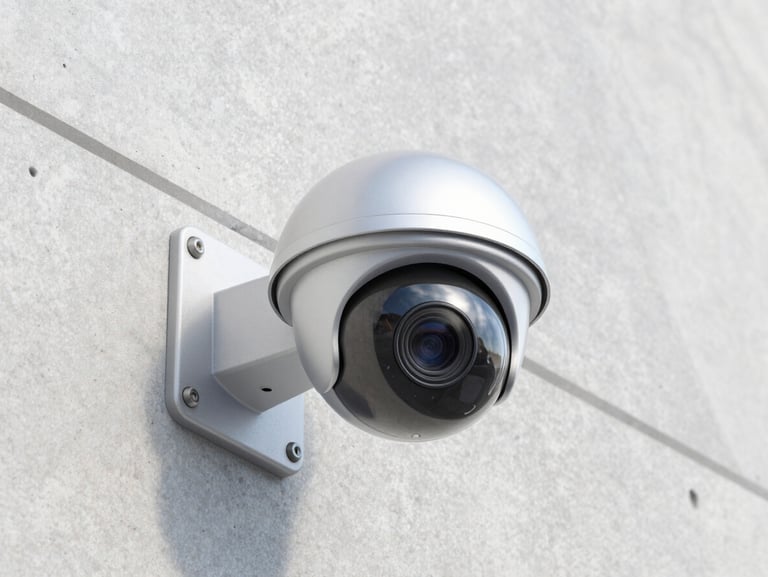 Close-up of a modern dome security camera mounted on a clean concrete wall, sharp focus, metallic tones, bright daylight