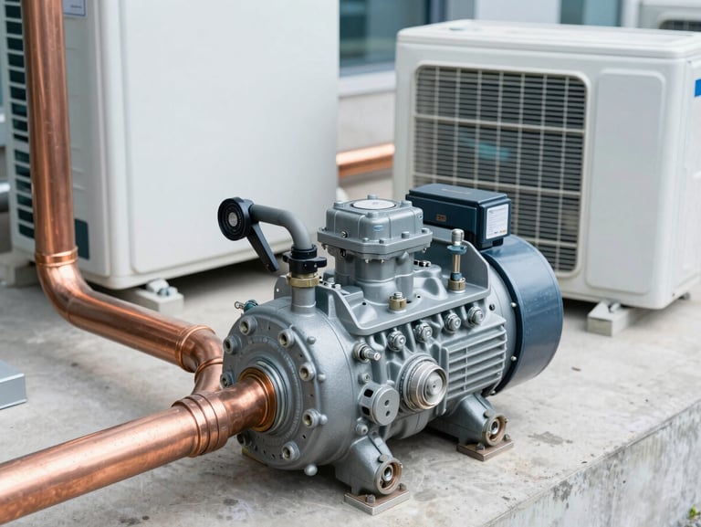 Precise alignment of copper pipes connected to a modern air conditioning compressor unit, clean industrial setting