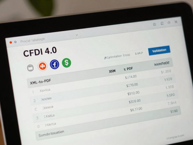 Close-up of a digital invoice generator screen, showing CFDI 4.0 validation badges and clean XML-to-PDF conversion metrics, soft natural light.