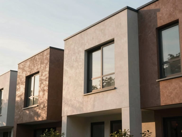 Modern residential brownstone exterior with clean lines, soft late-afternoon sun casting warm shadows, 35mm photography