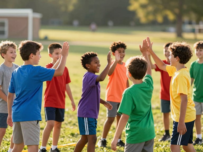 Candid shot of diverse Ohio children playing an outdoor team game on a sunny day, laughing and high-fiving, vibrant friendly tones.
