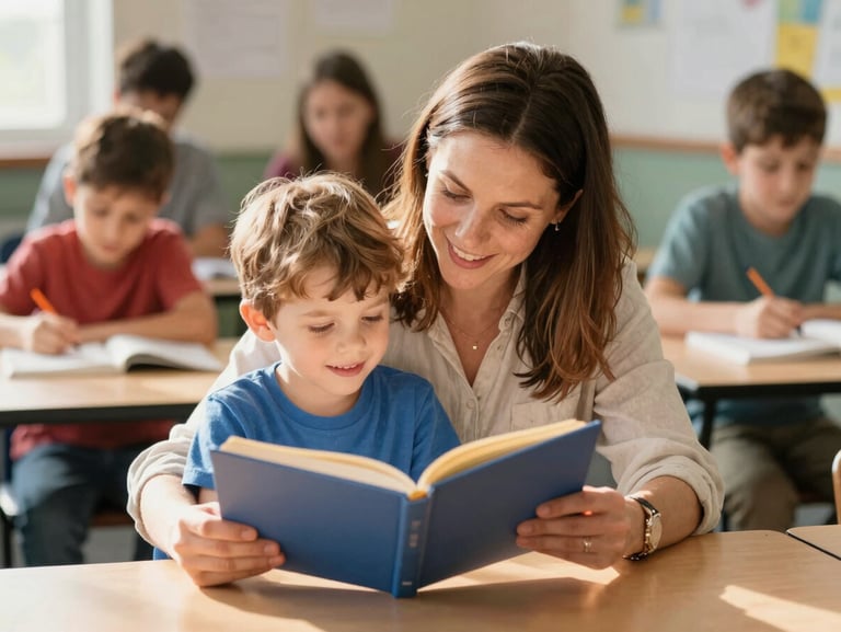 A warm candid shot of an Ohio mother and child reading together at a community workshop, bright natural daylight, friendly supportive atmosphere.