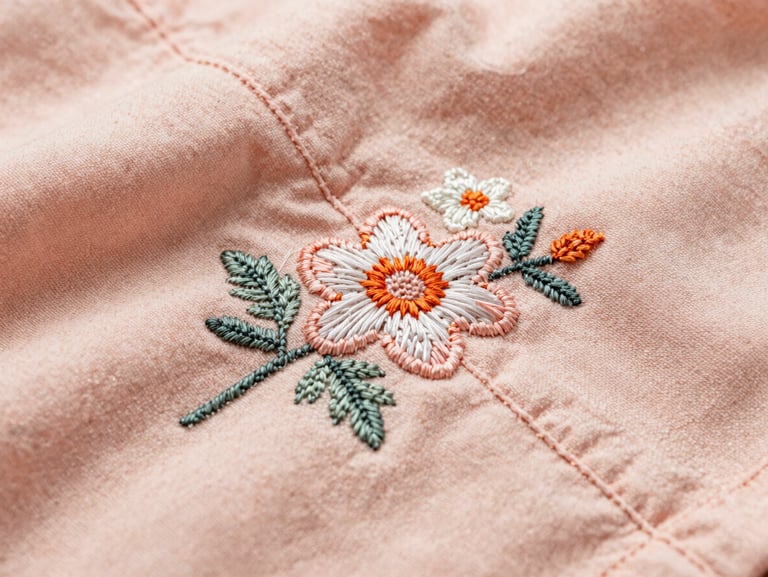 Macro close-up photograph of hand-stitched floral embroidery on a soft blush peach cotton garment, showing detailed thread textures and clean seam lines under bright morning light.