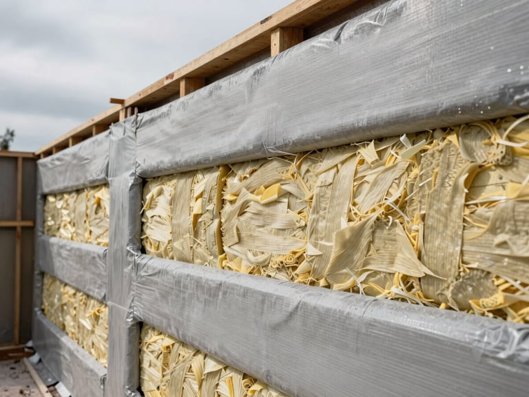 Detail of a high-performance wall assembly during construction, showing dense insulation layers and airtight weather barriers under overcast light.