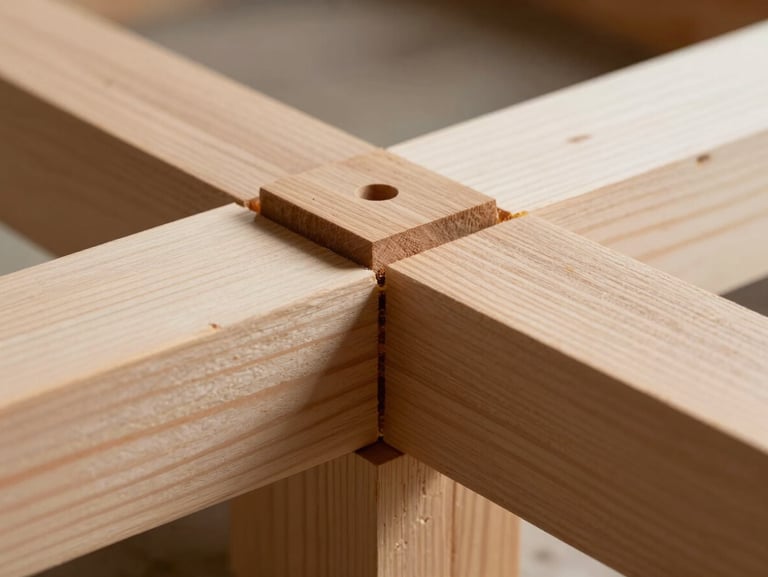Extreme close-up of a traditional mortise and tenon joint in Douglas-fir timber, showcasing precise wood-to-wood connection under soft daylight.