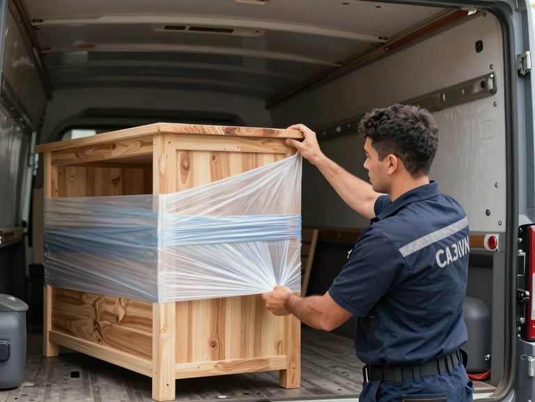 Medium shot of a professional uniformed crew member securing heavy wooden furniture with industrial stretch wrap inside a clean, well-lit truck interior, daylight.