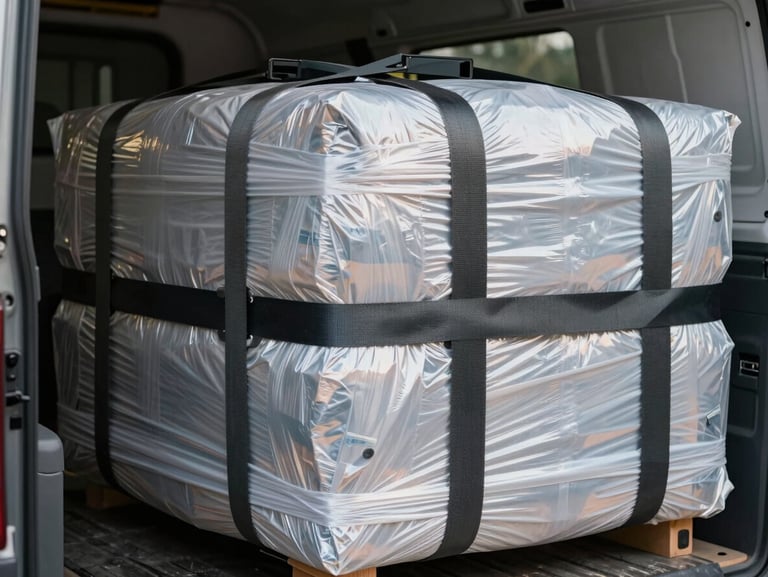 A close-up of heavy furniture wrapped in thick protective stretch wrap and secured with heavy-duty industrial straps inside a cargo vehicle.