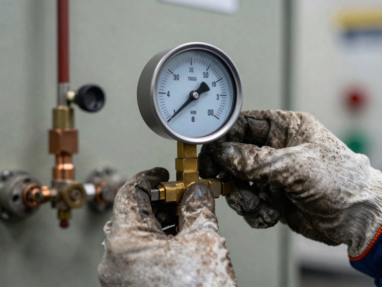 Technician hands adjusting a brass pressure gauge on a boiler control panel, close-up framing showing gauge face and copper fittings, task lighting, worn work gloves, mechanical room background out of focus