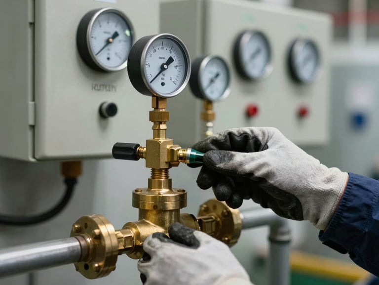Technician's gloved hands adjusting a brass pressure relief valve on an in-service boiler, control panel with analog gauges in sharp background focus, task lighting highlighting the valve threads and pipe fittings, mechanical room wall visible behind