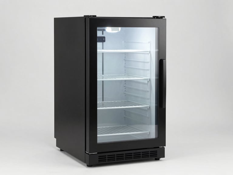 Compact matte black beverage chiller and wine cooler with glass door, showcasing pristine interior shelves, studio lighting.
