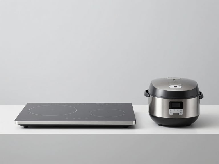 Minimalist stainless steel induction cooktop and digital rice cooker on a clean light grey studio background, straight-on framing.