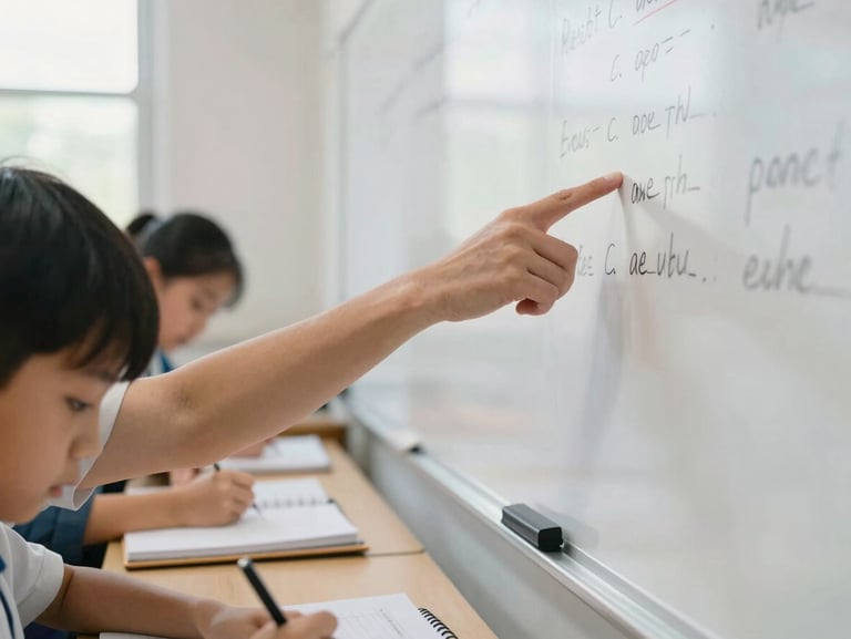Close detail of a teacher's hands pointing to text on a whiteboard while students work in their notebooks, classroom materials and student writing visible, natural window light illuminating the teaching moment, focus on the instructional interaction.