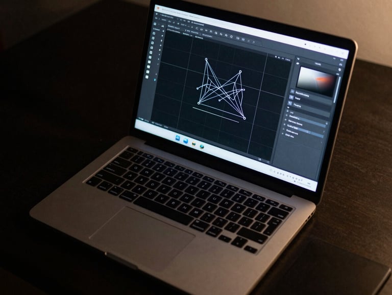 Overhead tight shot of a laptop displaying a Figma UI design canvas, cool monitor glow on a dark desk, geometric grid lines visible on screen, keyboard partially in frame
