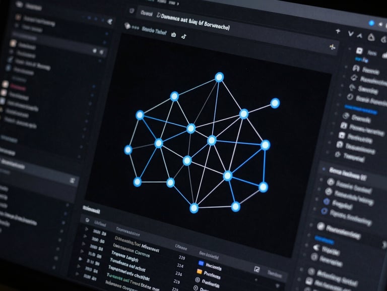 Macro screenshot of a dark-mode node orchestrator interface, dense network graphs, sharp high-contrast layout.