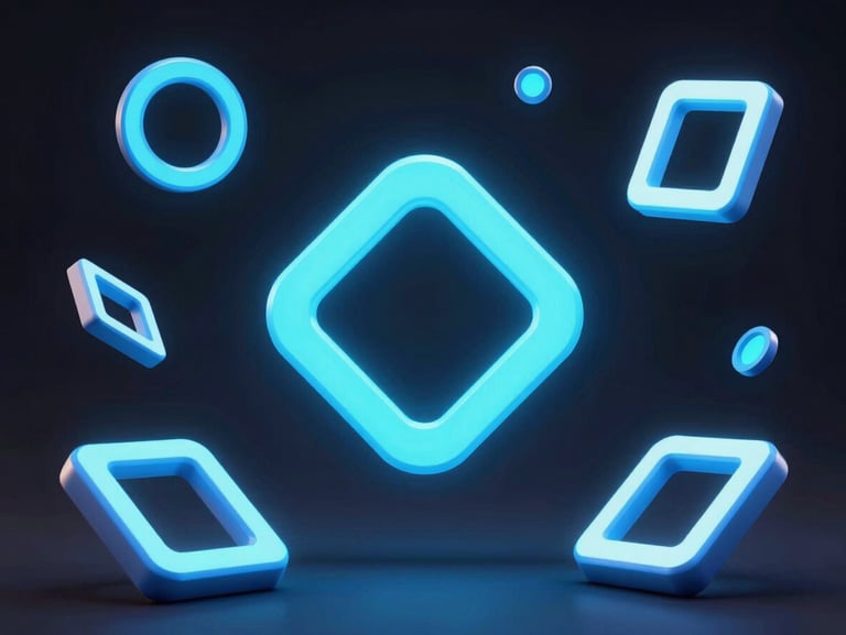 Sleek 3D render of neon-glowing game assets, floating geometric shapes, electric blue accents, dark background, high contrast