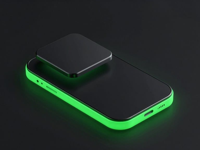 Sleek 3D render of a clean Android interface mockup, neon green edge-glow, dark background, geometric composition