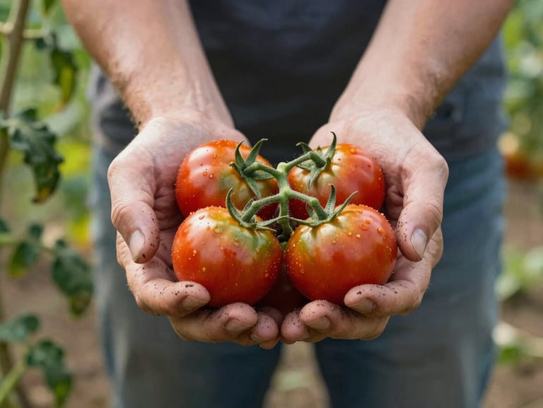 Farmer hands cradling a cluster of small heirloom tomatoes just harvested, natural daylight from the left side, soil visible on fingertips, soft green foliage blurred behind
