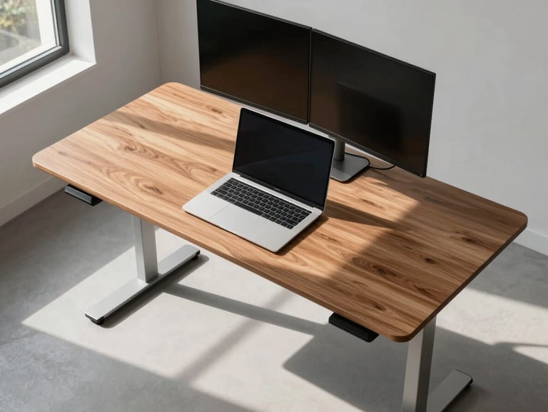 Flat overhead shot of a standing desk with a wooden surface in the raised position, a laptop and external monitor on it, bright daylight from a window to the left casting a long shadow across the surface; no person, clean studio environment