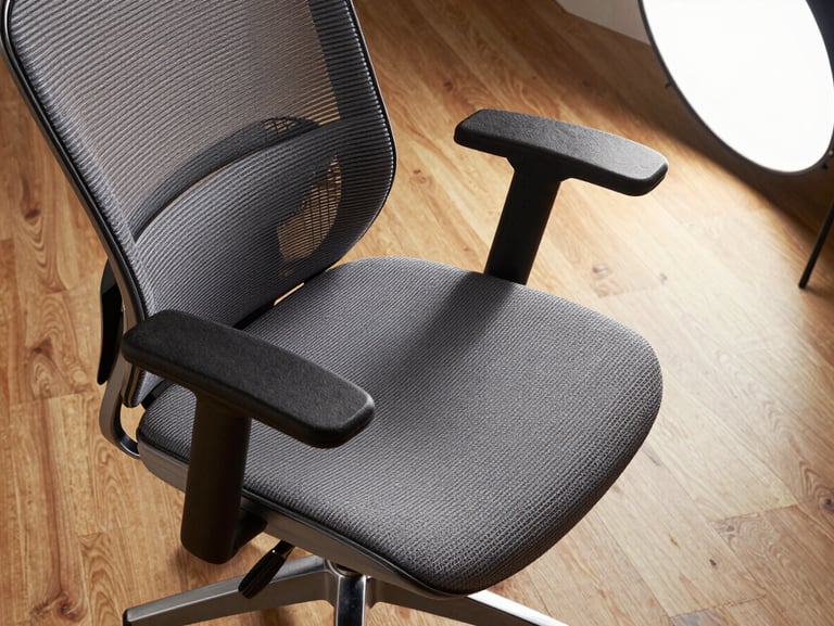 Close-up overhead shot of a high-back ergonomic mesh office chair on a hardwood floor, studio strobe lighting from the upper right revealing lumbar support structure and armrest adjustment detail; no person, clean neutral background