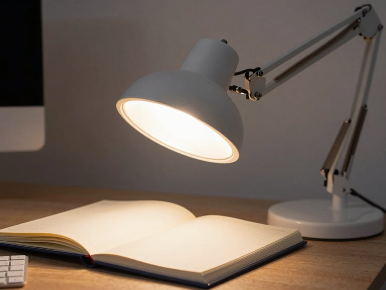 Close-up of a LED desk lamp with adjustable arm lit on a work surface, warm daylight-balanced light illuminating a notebook and keyboard below; lamp head positioned at 45 degrees, shot from the front-left with shallow depth showing the lamp detail sharply