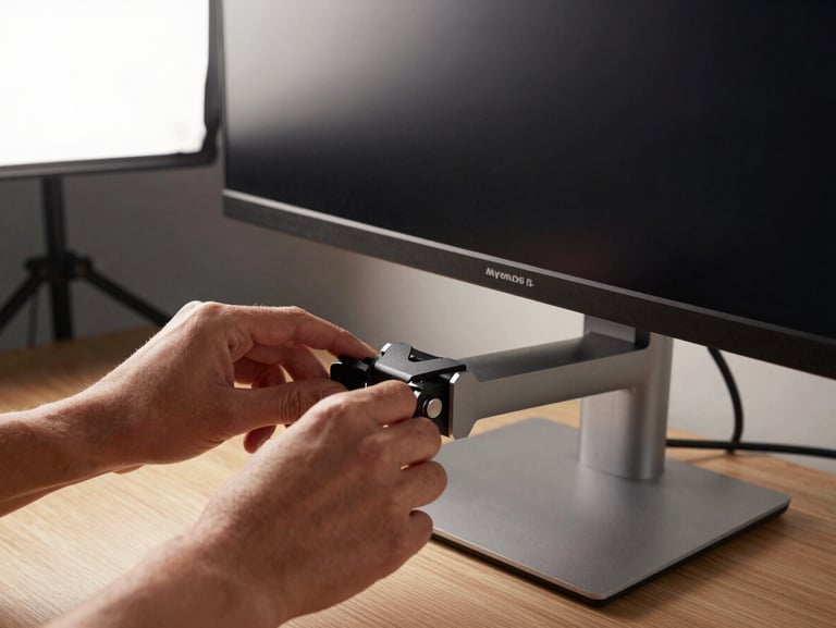 Detail shot of a monitor arm clamp attached to a desk edge, holding a widescreen monitor at eye level; hands adjusting the tilt angle, studio strobe from the upper left highlighting the aluminum finish and cable management channel